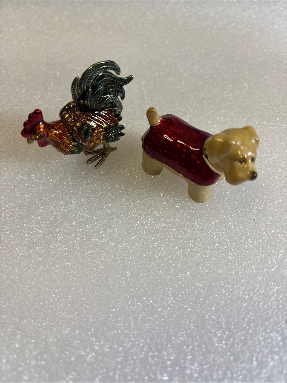 Monet Red-Coated Dog & Multicolor Rooster Trinket Holder  Pair